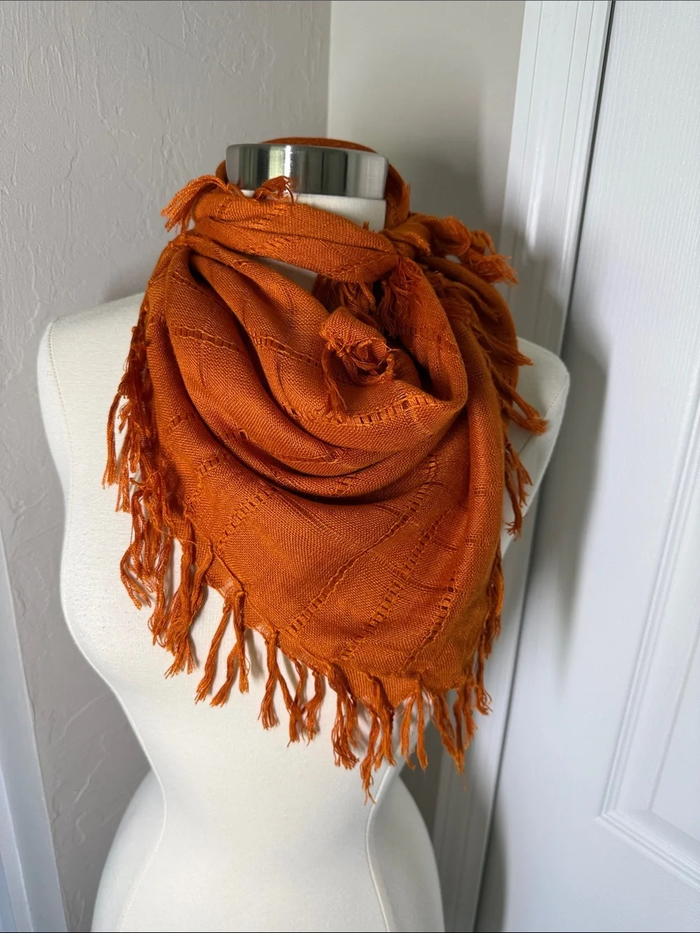 Square orange scarf with fringe boho, western, woven